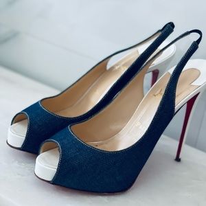 Christian Louboutin Blue and White Peep Toe Heels